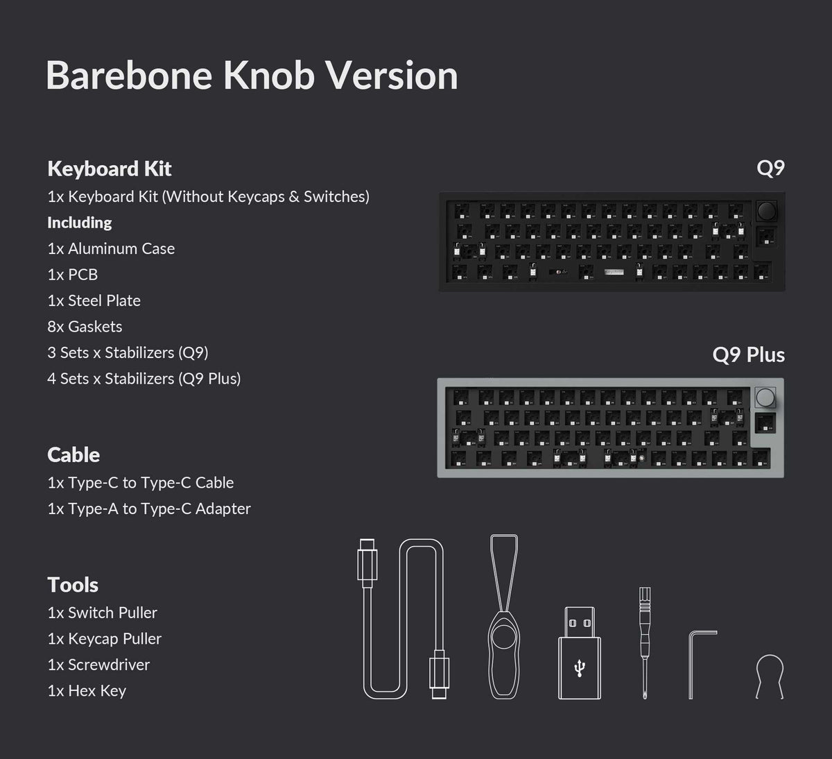 Package List of the Keychron Q9 / Q9 Plus 40% Layout Mini Custom Mechanical Keyboard Barebone Knob Version