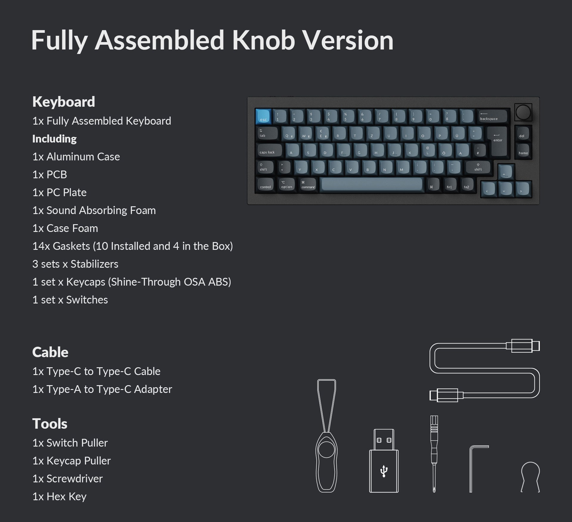 Package list of the Keychron Q2 Pro QMK/VIA Wireless 65% layout Custom Mechanical Keyboard ISO Layout