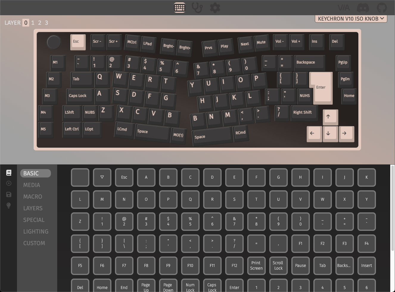 QMK VIA screen capture of Keychron V10 Custom Mechanical Keyboard
