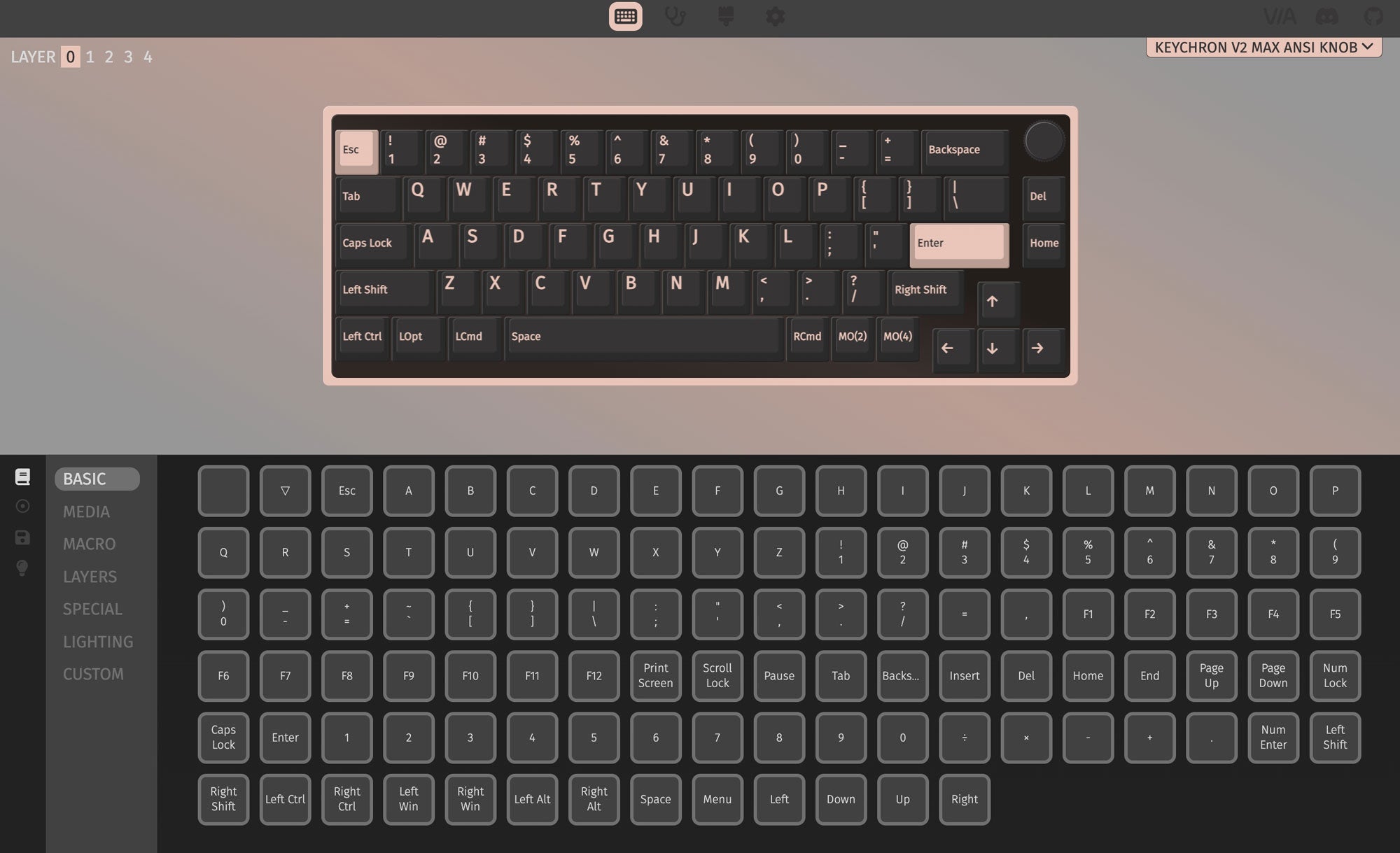 QMK VIA screen capture of Keychron V2 Max