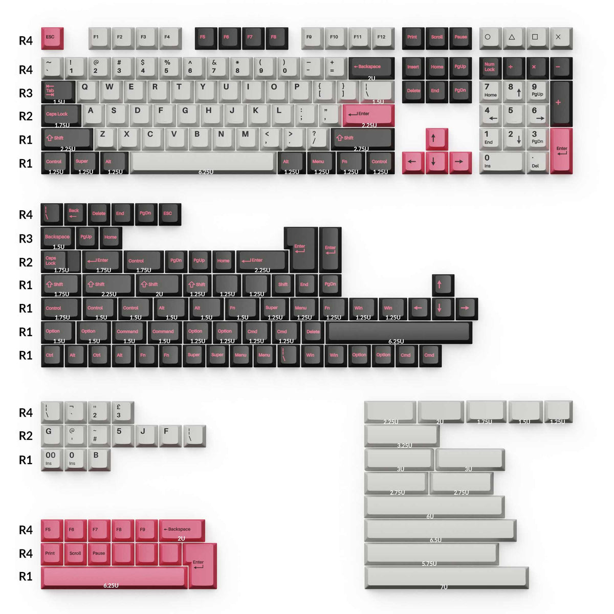 Cherry Profile Double-Shot PBT Full Set Keycaps Dolch Pink Size and Height of Each Keycap 