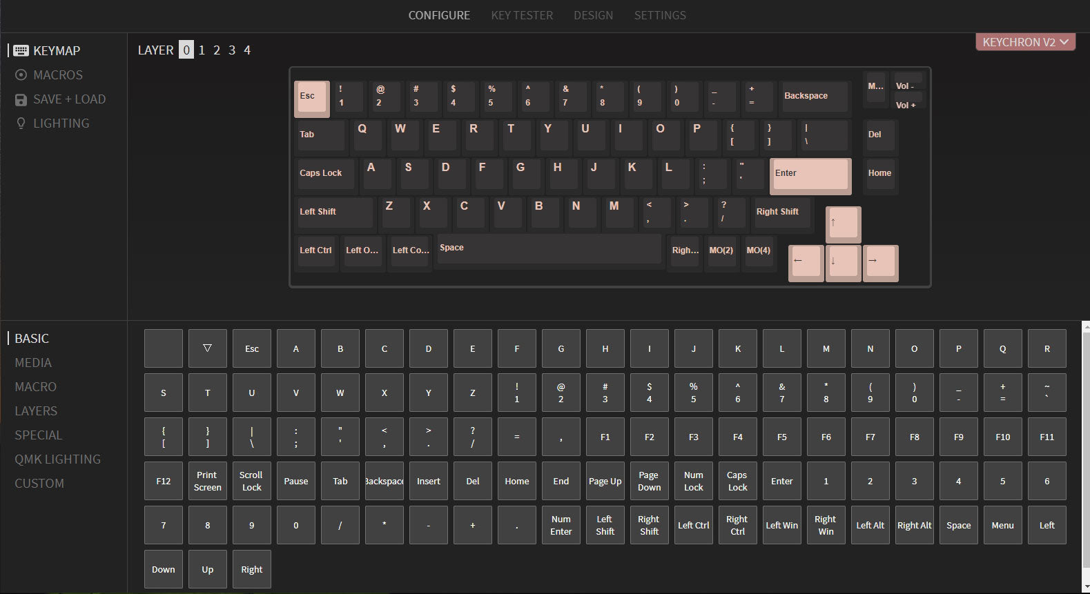 QMK VIA screen capture of Keychron V2 Custom Mechanical Keyboard