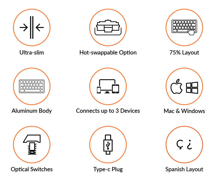 Features of Keychron K3 ultra-slim hot-swappable wireless mechanical keyboard Mac Windows iOS Android Keychron low profile Optical switch Spanish ISO layout