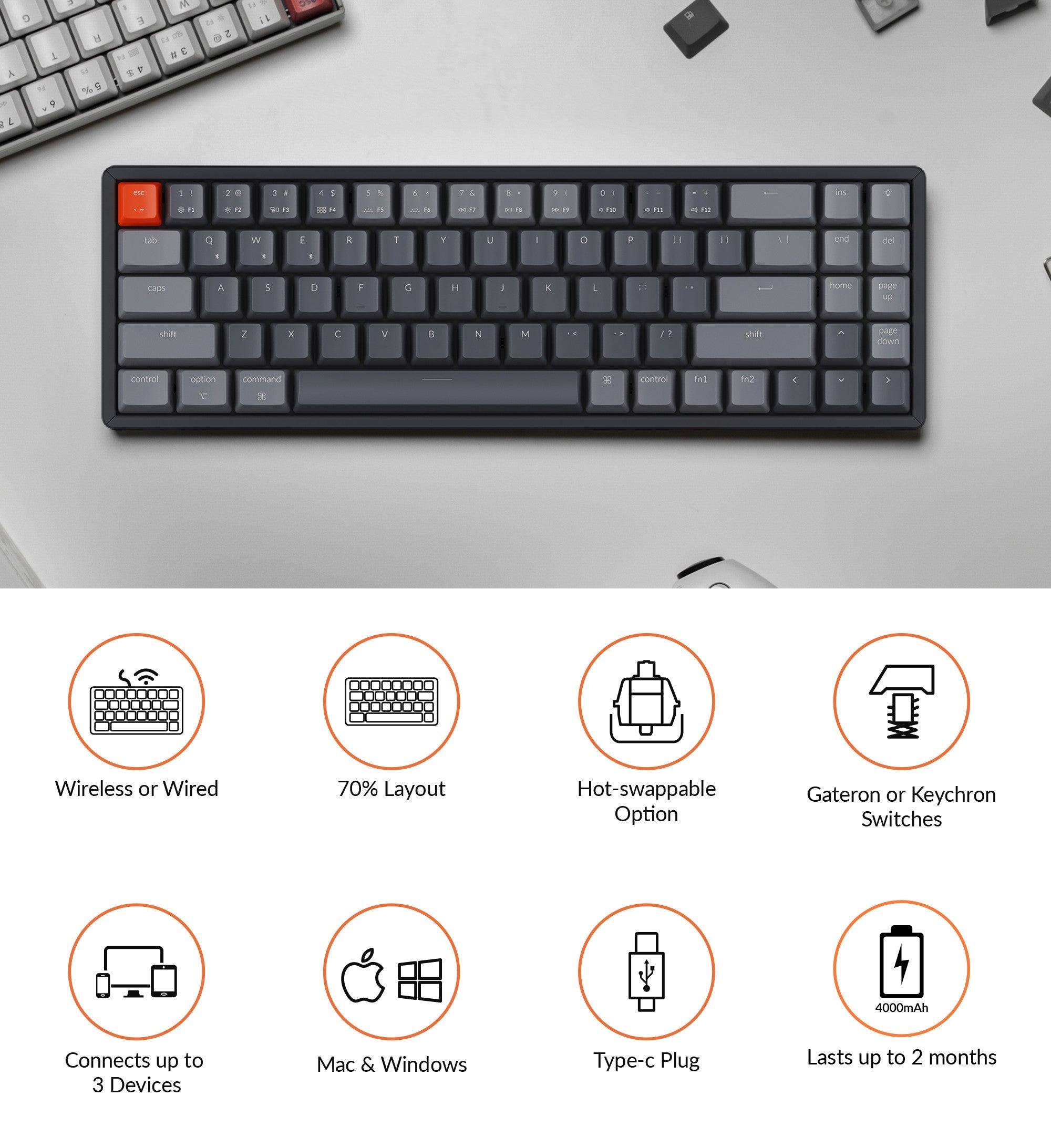 Keychron K14 緊湊型 70% 無線機械式鍵盤，適用於 Mac 和 Windows，相容於熱插拔 MX 機械開關，相容於 Gateron Cherry Kailh Panda 開關