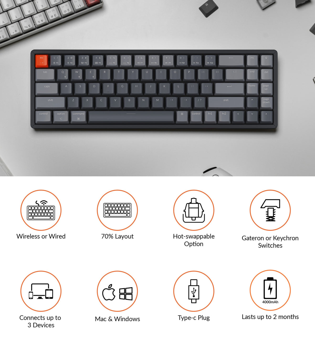 Keychron K14 compact 70 percent wireless mechanical keyboard for Mac and Windows compatible with hot-swappable MX mechanical switch compatible with Gateron Cherry Kailh Panda switches