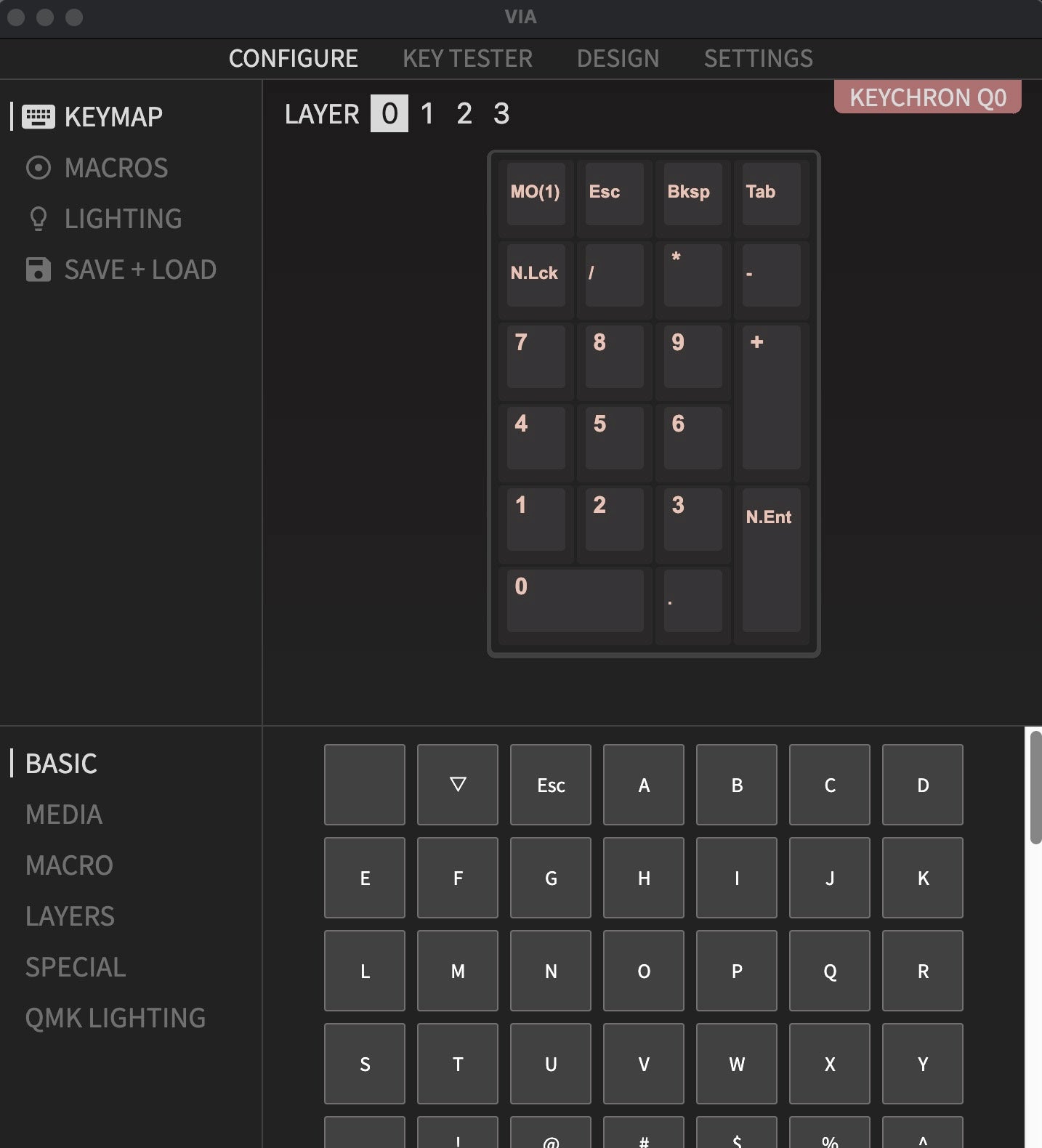 QMK VIA screen capture of Keychron Q0 Custom Mechanical Number Pad