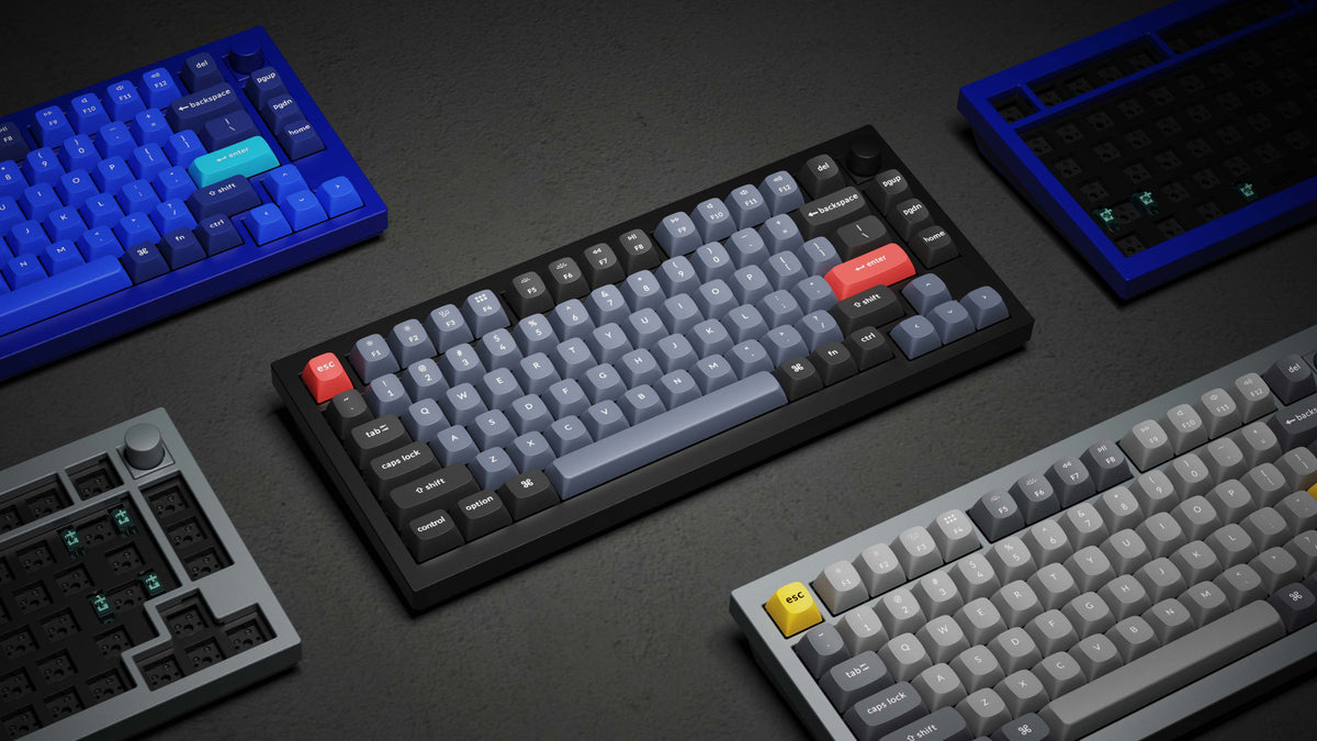 Keychron Q1 QMK VIA 75% layout custom mechanical keyboard with rotary encoder knob version with double-gasket design and screw-in PCB stabilizer and hot-swappable south-facing RGB also with Barebone US ANSI or ISO layout with black grey blue frame