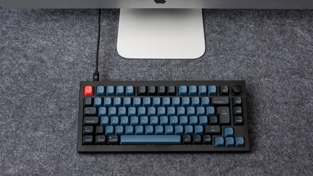 Keychron Q1 QMK VIA 75% layout custom mechanical keyboard with rotary encoder knob version with double-gasket design and screw-in PCB stabilizer and hot-swappable south-facing RGB also with Barebone US ANSI or ISO layout with black grey blue frame