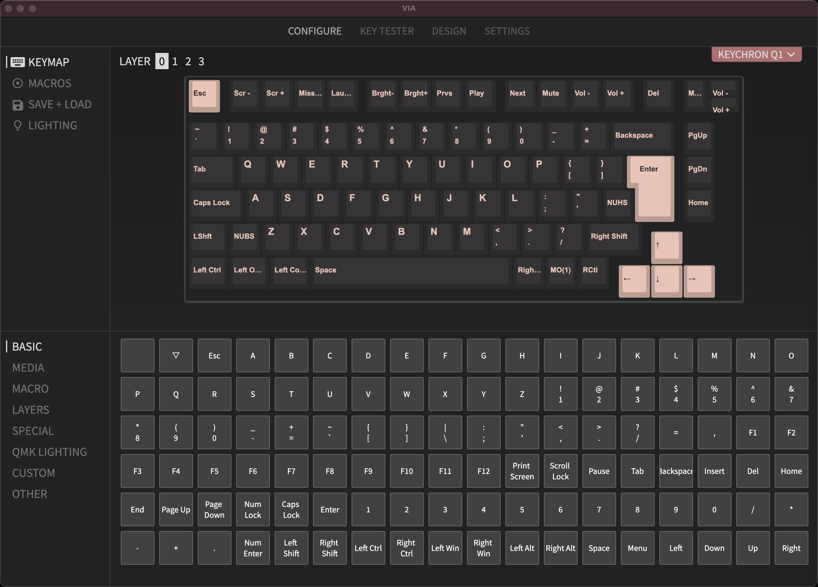 QMK VIA screen capture of Keychron Q1 75% Custom Mechanical Keyboard Knob version