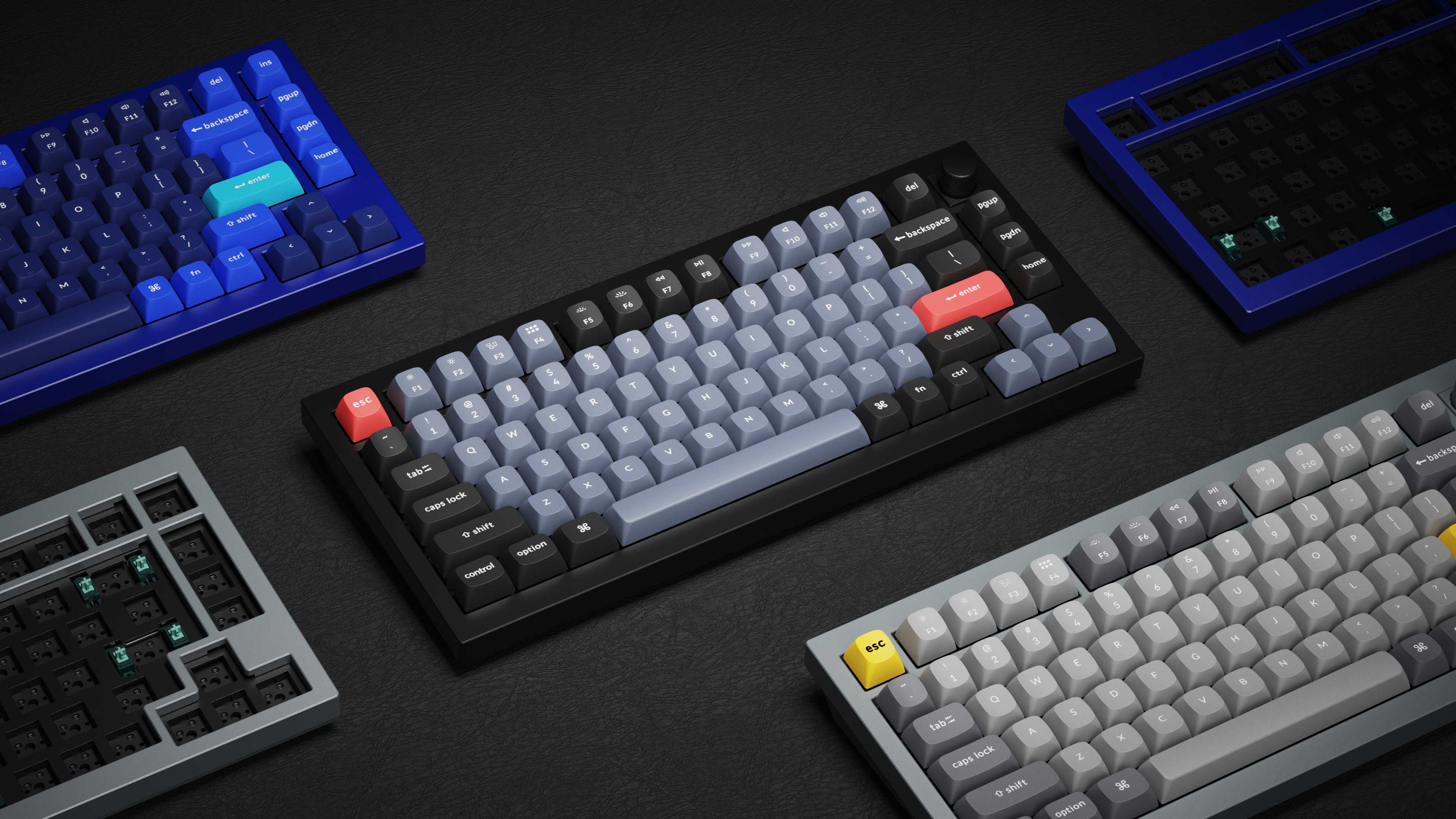 Keychron Q1 QMK VIA 75% layout custom mechanical keyboard with rotary encoder knob version with double-gasket design and screw-in PCB stabilizer and hot-swappable south-facing RGB also with Barebone US ANSI or ISO layout with black grey blue frame