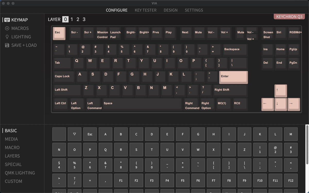 QMK VIA screen capture of Keychron Q3 80% TKL Custom Mechanical Keyboard