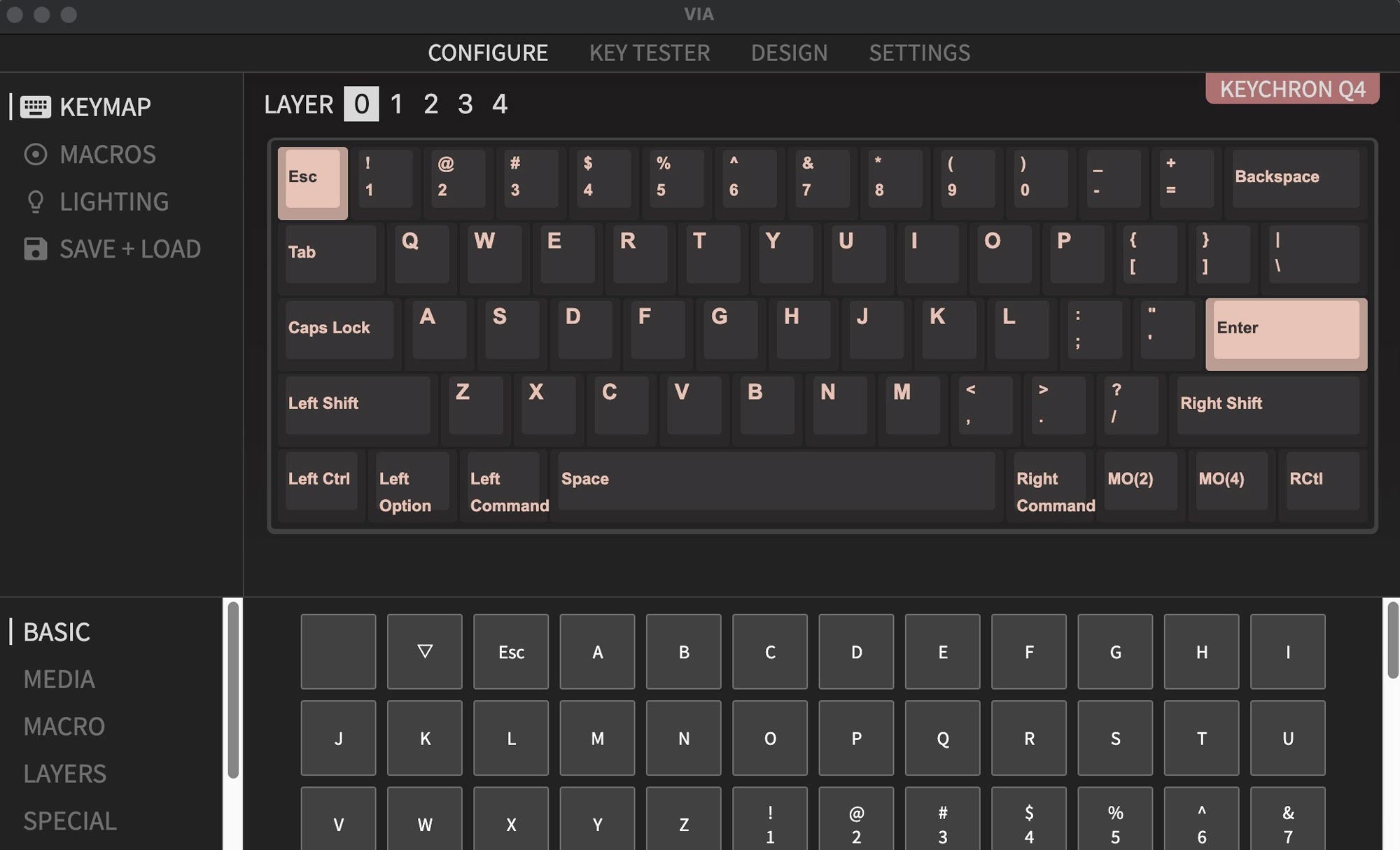 QMK VIA screen capture of Keychron Q4 60% Percent Layout Mini Custom Mechanical Keyboard