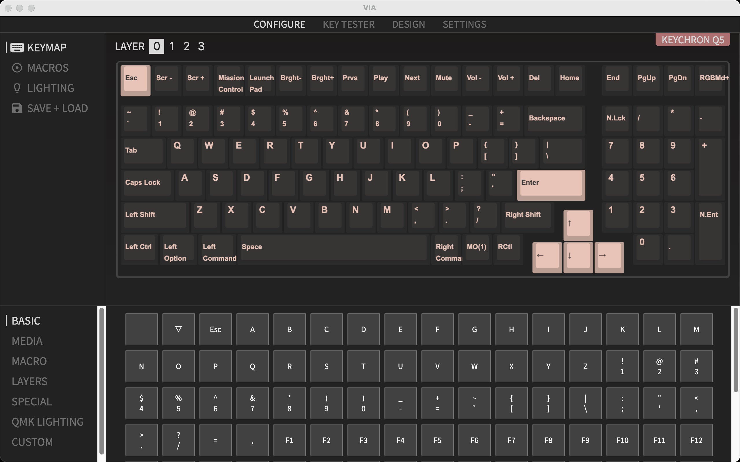 QMK VIA screen capture of Keychron Q5 1800 Compact Custom Mechanical Keyboard