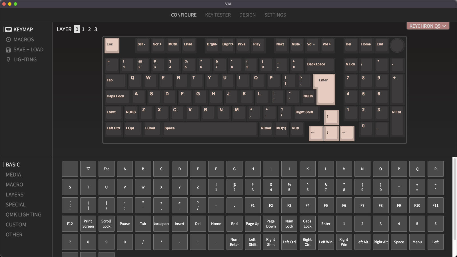 QMK VIA screen capture of Keychron Q5 96% Percent Layout Custom Mechanical Keyboard
