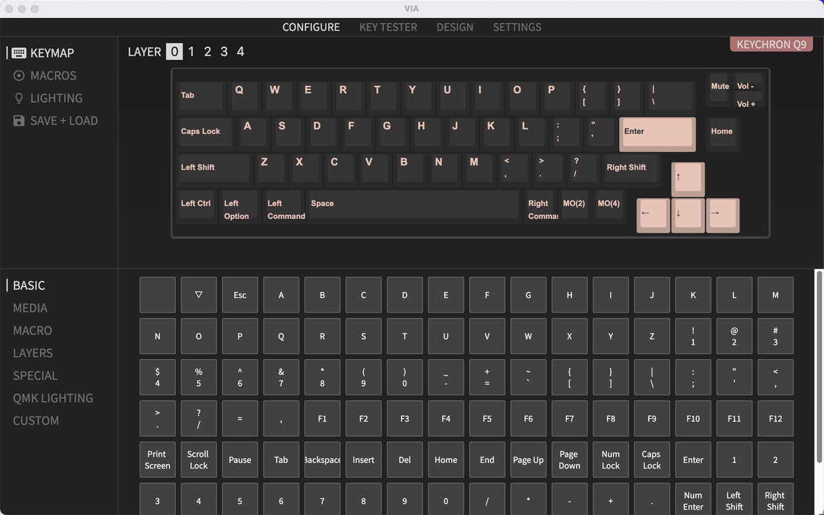 QMK VIA screen capture of Keychron Q9 40% Percent Layout Mini Custom Mechanical Keyboard