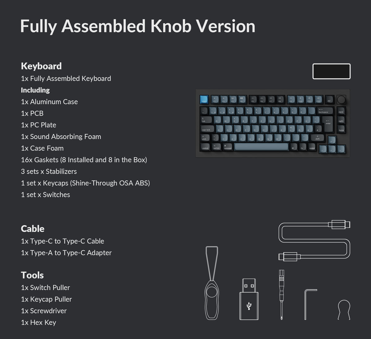 Package list of Keychron Q1 Pro ISO layout QMK/VIA 75% layout wireless custom mechanical keyboard fully assembled knob version