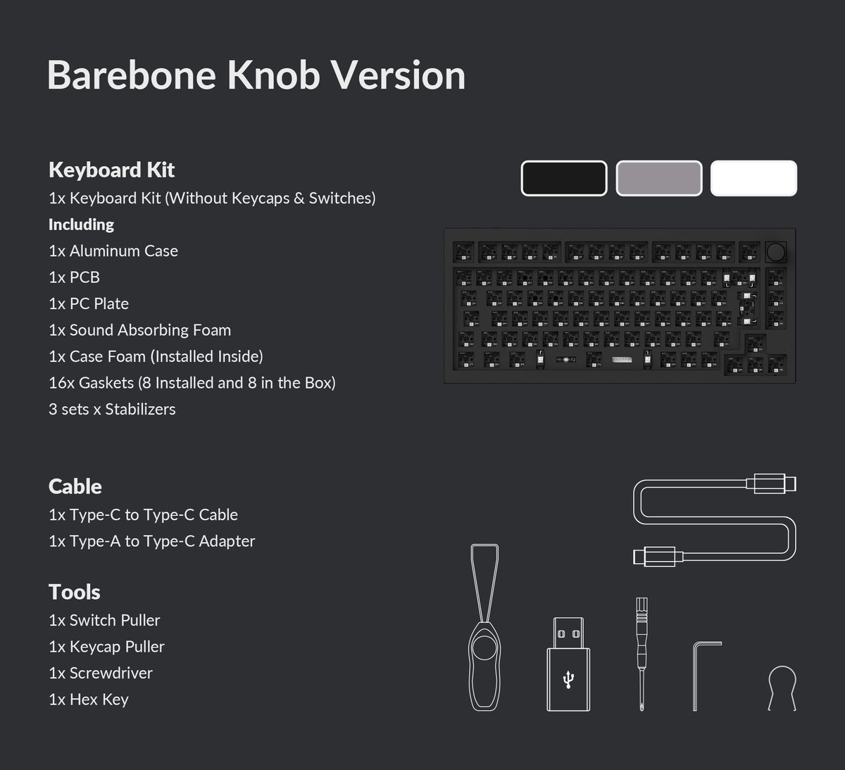 Package list of Keychron Q1 ProQMK/VIA 75% layout wireless custom mechanical keyboard Barebone ISO knob version