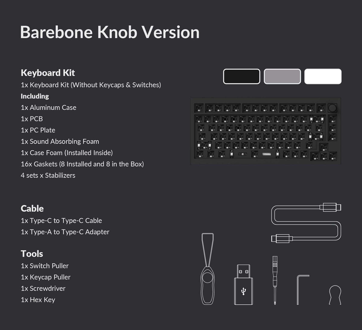 Package list of Keychron Q1 Pro QMK/VIA 75% layout wireless custom mechanical keyboard barebone knob version