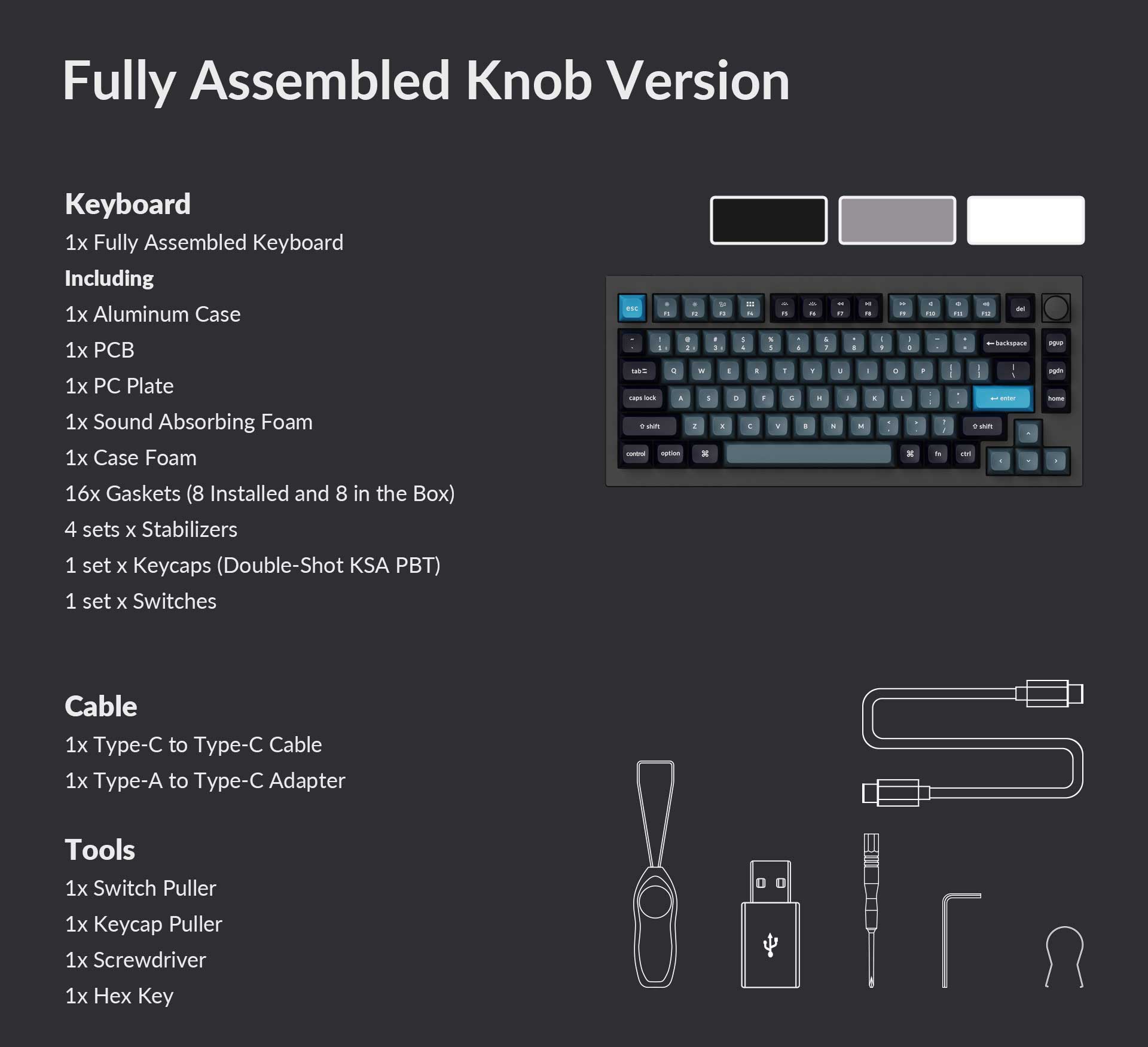 Package list of Keychron Q1 Pro QMK/VIA 75% layout wireless custom mechanical keyboard fully assembled knob version