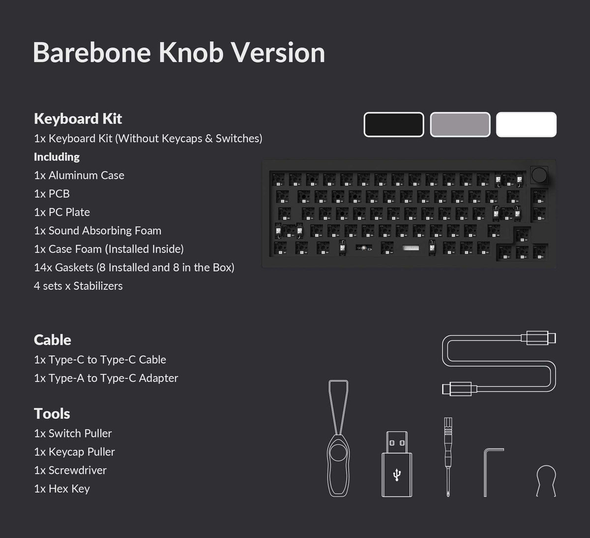 Package list of the Keychron Q2 Pro QMK/VIA 65% layout wireless custom mechanical keyboard barebone knob version