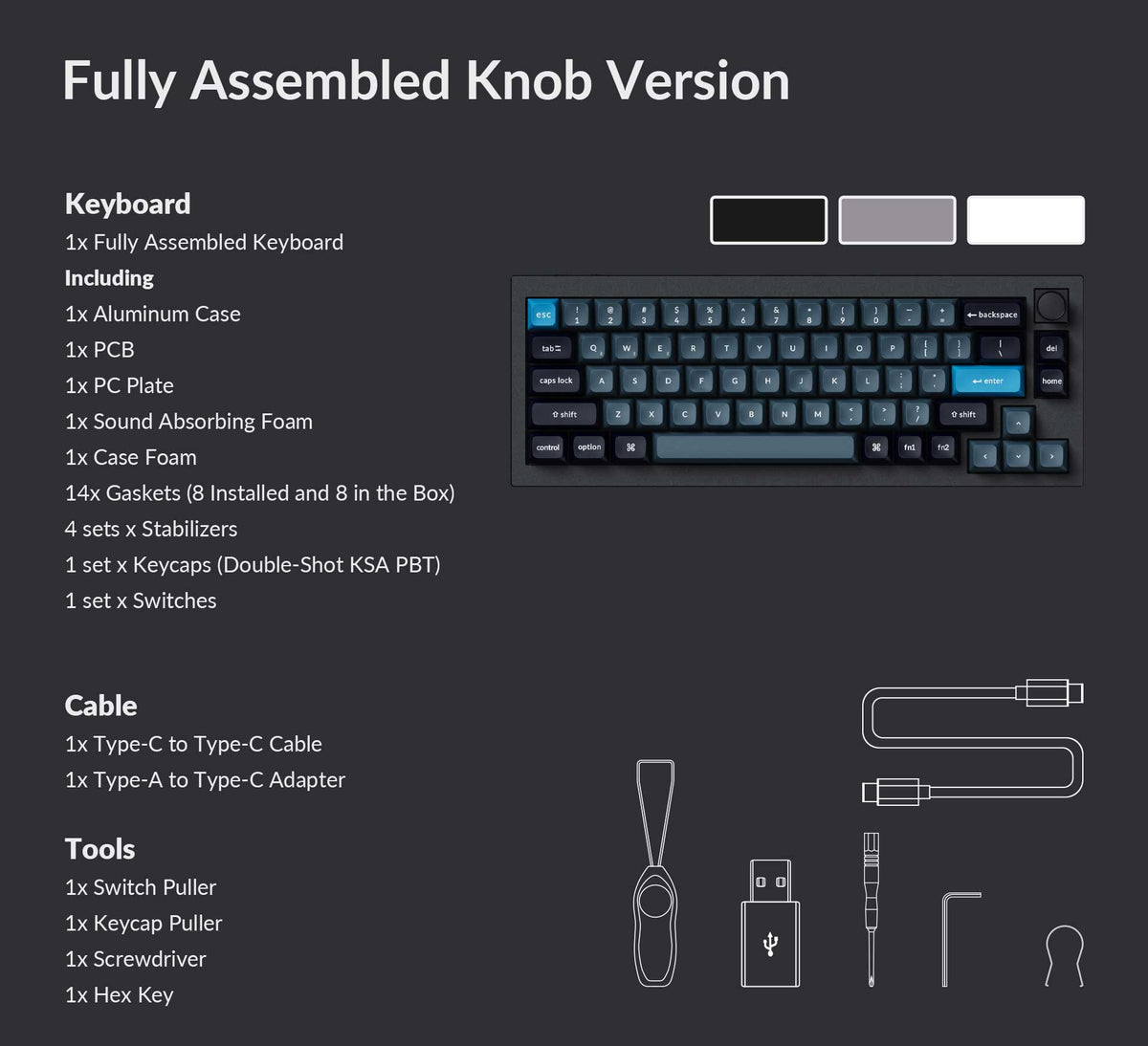 Package list of Keychron Q2 Pro QMK/VIA 65% layout wireless custom mechanical keyboard fully assembled knob version