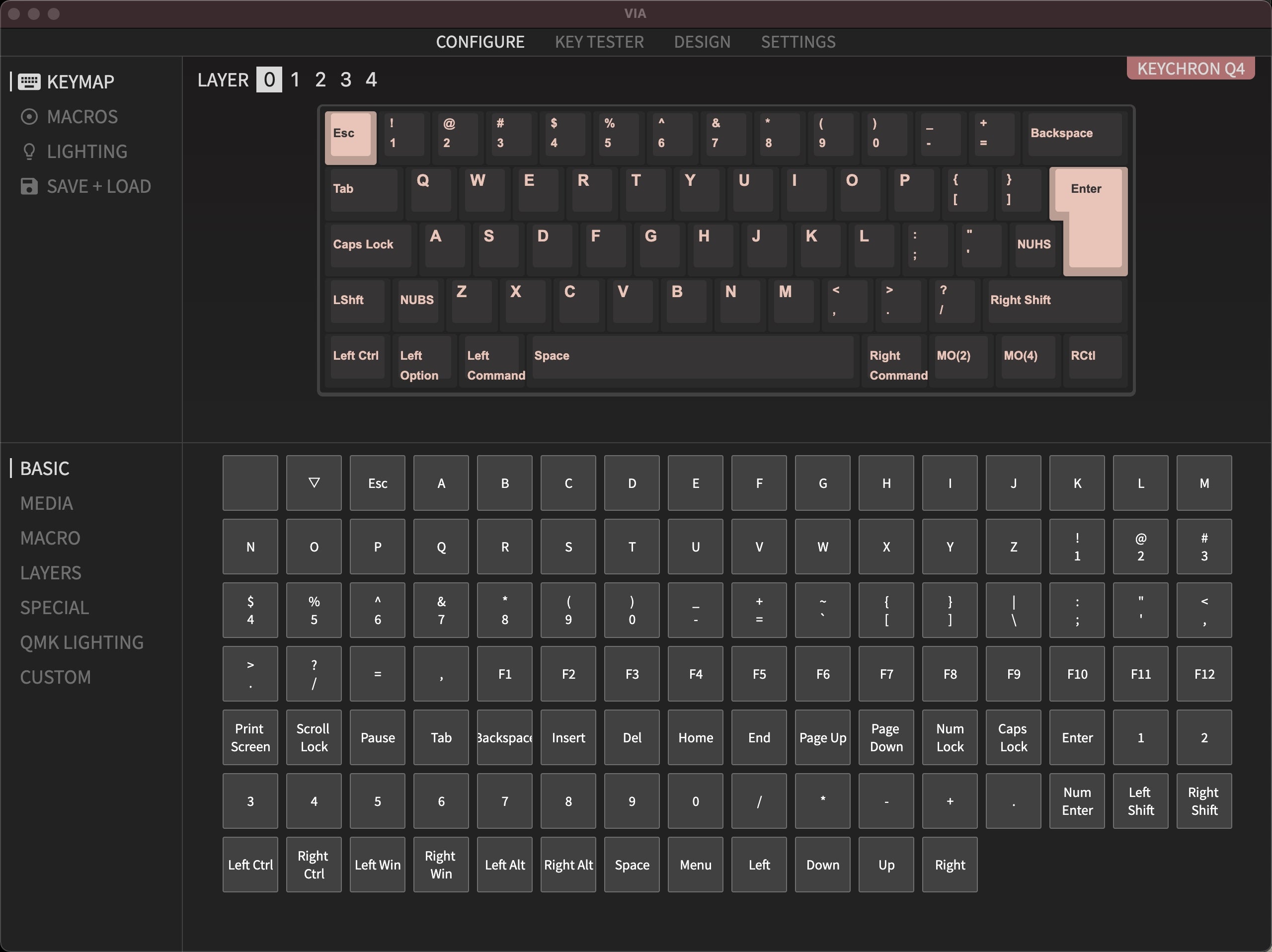 QMK VIA screen capture of Keychron Q4 60% Percent Layout Mini Custom Mechanical Keyboard