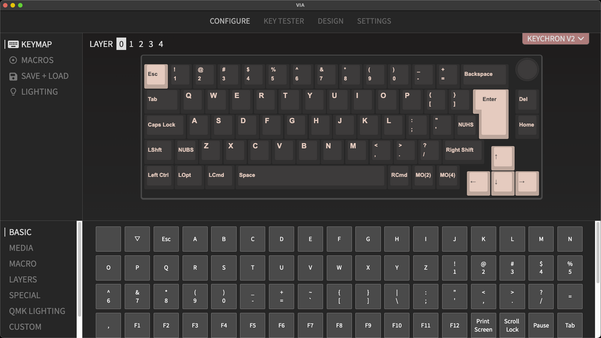 QMK VIA screen capture of Keychron V2 QMK VIA custom mechanical keyboard ISO layout