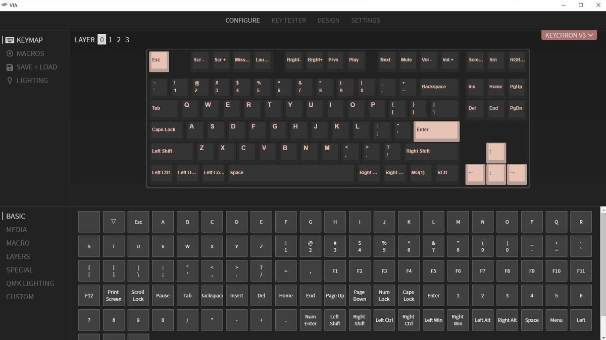 QMK VIA screen capture of Keychron V3 Custom Mechanical Keyboard