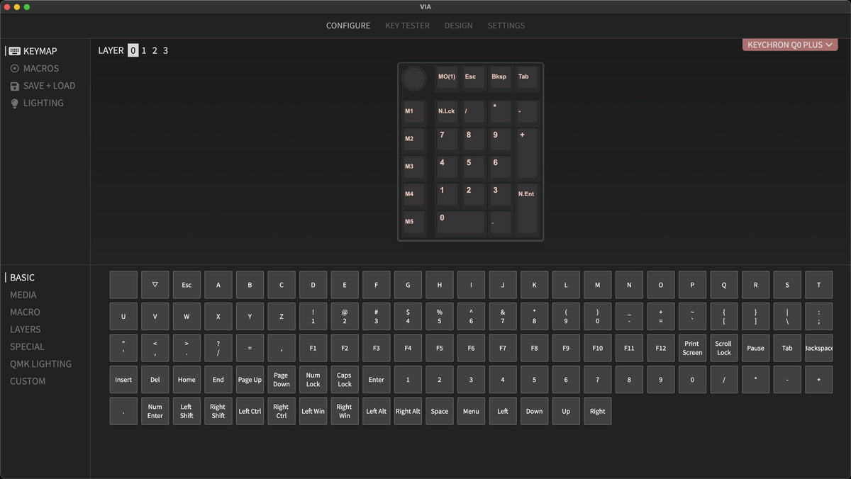 QMK VIA screen capture of Keychron Q0 Plus Custom Mechanical Number Pad