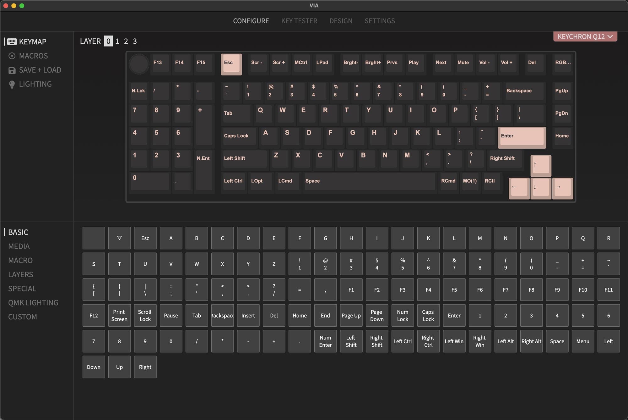 QMK VIA screen capture of Keychron Q12 Compact 96% Layout Custom Mechanical Keyboard