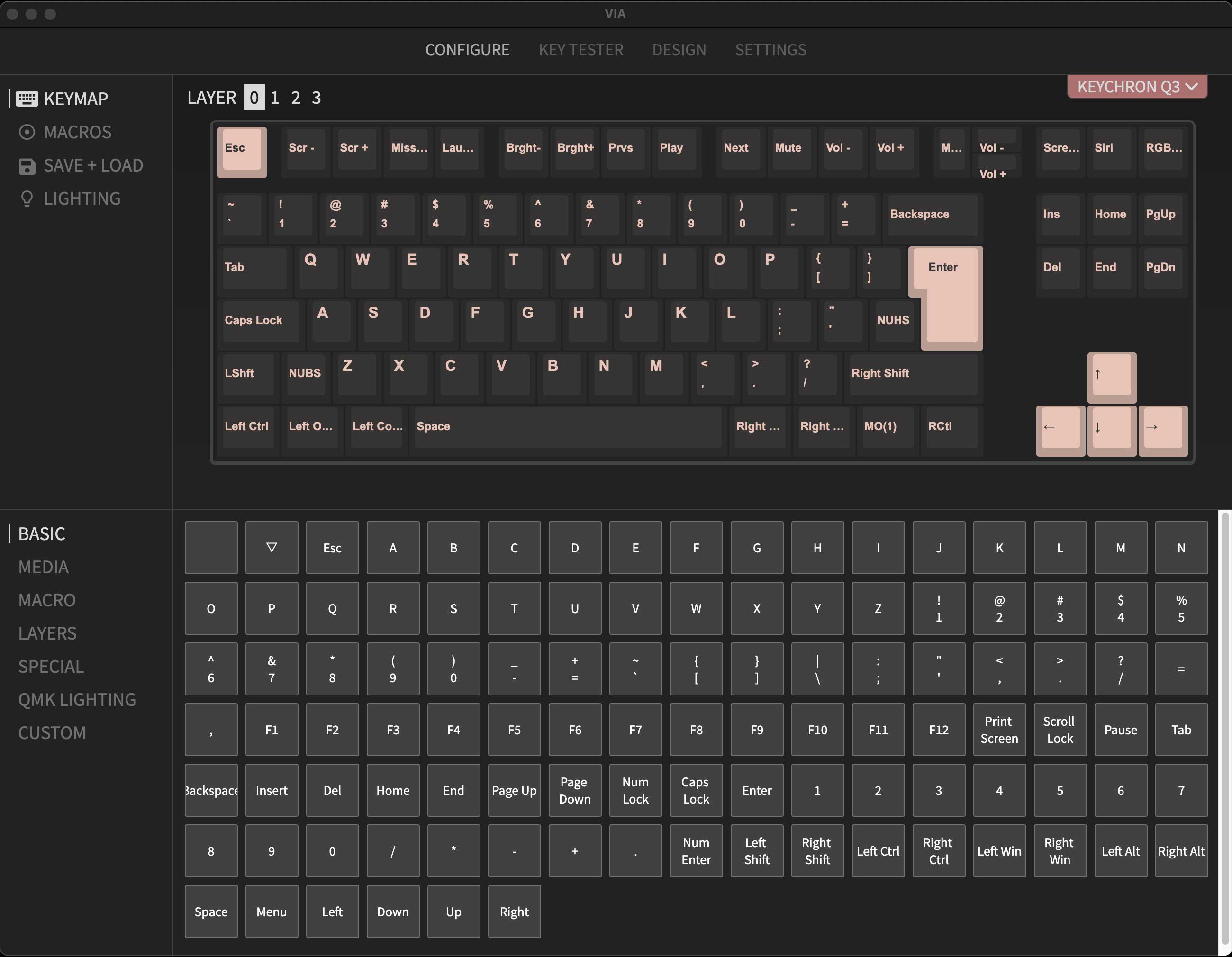 QMK VIA screen capture of Keychron Q3 80% TKL Custom Mechanical Keyboard