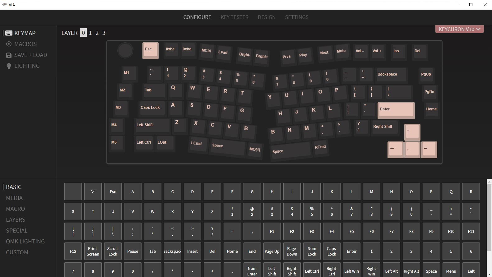 QMK VIA screen capture of Keychron V10 Custom Mechanical Keyboard