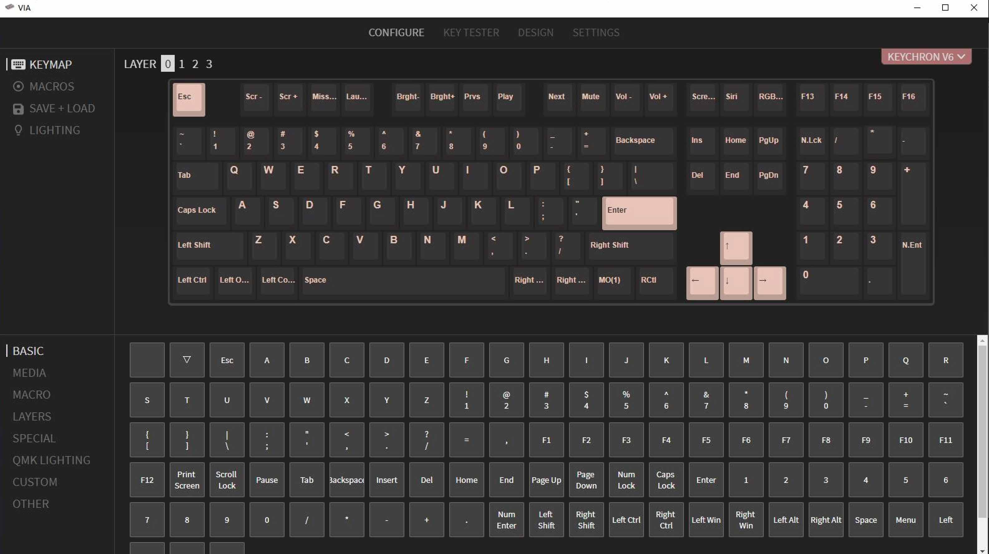 QMK VIA Keychron V6 pielāgotās mehāniskās tastatūras ekrāna uzņemšana