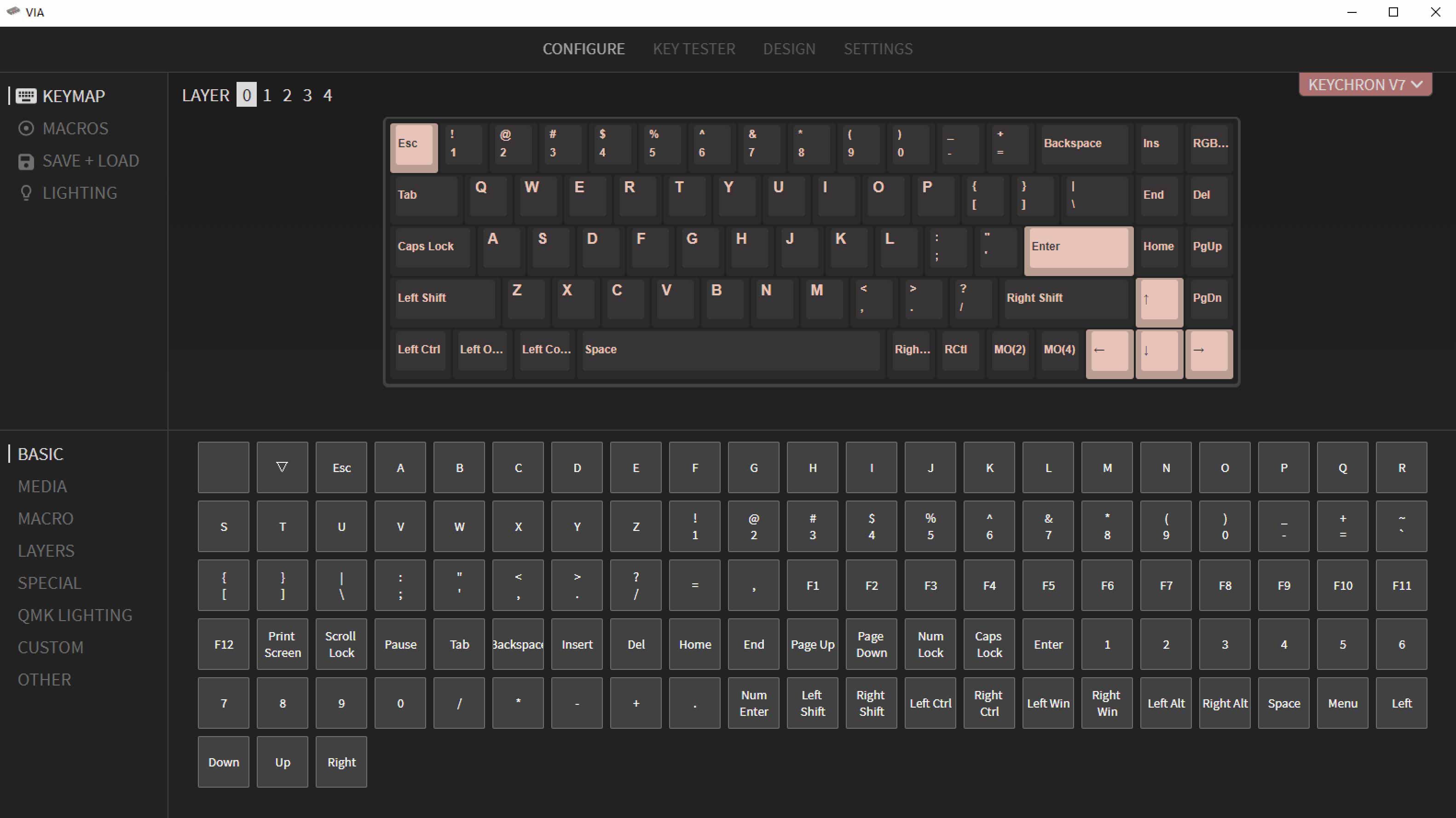 QMK VIA screen capture of Keychron V7 Custom Mechanical Keyboard