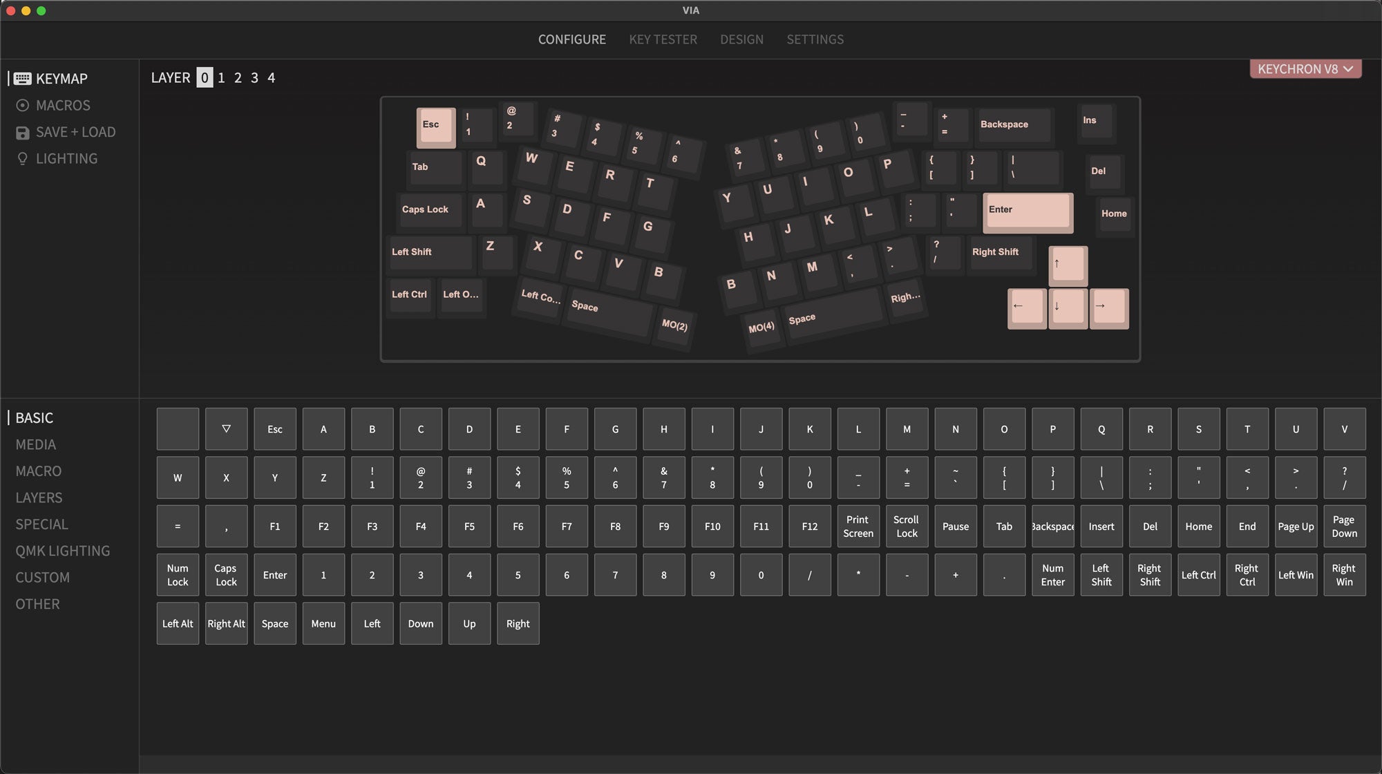 QMK VIA screen capture of Keychron V8 Custom Mechanical Keyboard