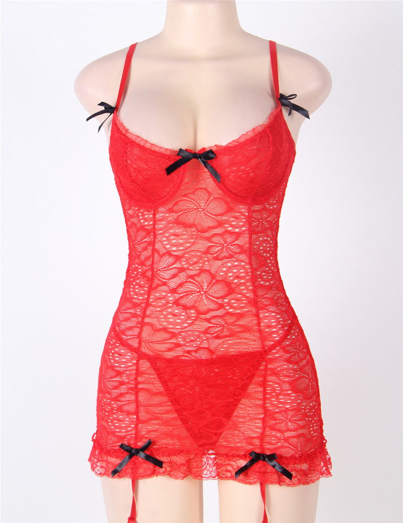 Classy Plus Size Red Floral Lace Underwired Women Babydoll Set