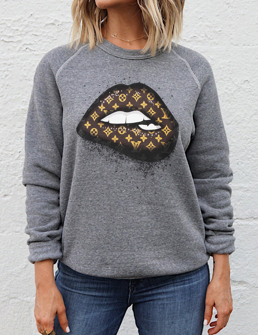 LV Lips Graphic Gray Raglan Sweatshirt - SheShow