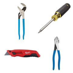 Channellock pliers, Klein pliers and screw drivers, Milwaukee utility knives