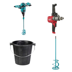 Collomix Xo1 with mixing paddle, Milwaukee Mud Mixer, rubber bucket