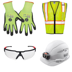 Safety gloves, vests, glasses and hard hats