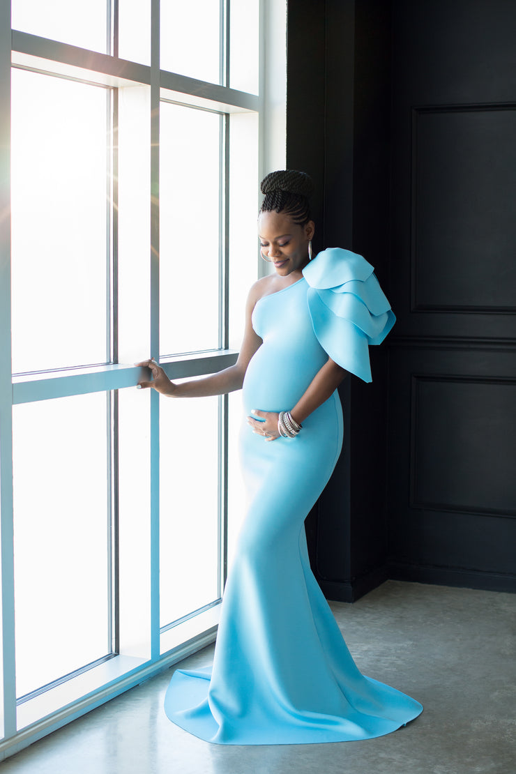 long blue maternity dress