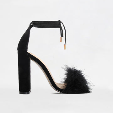 fluffy block heels black