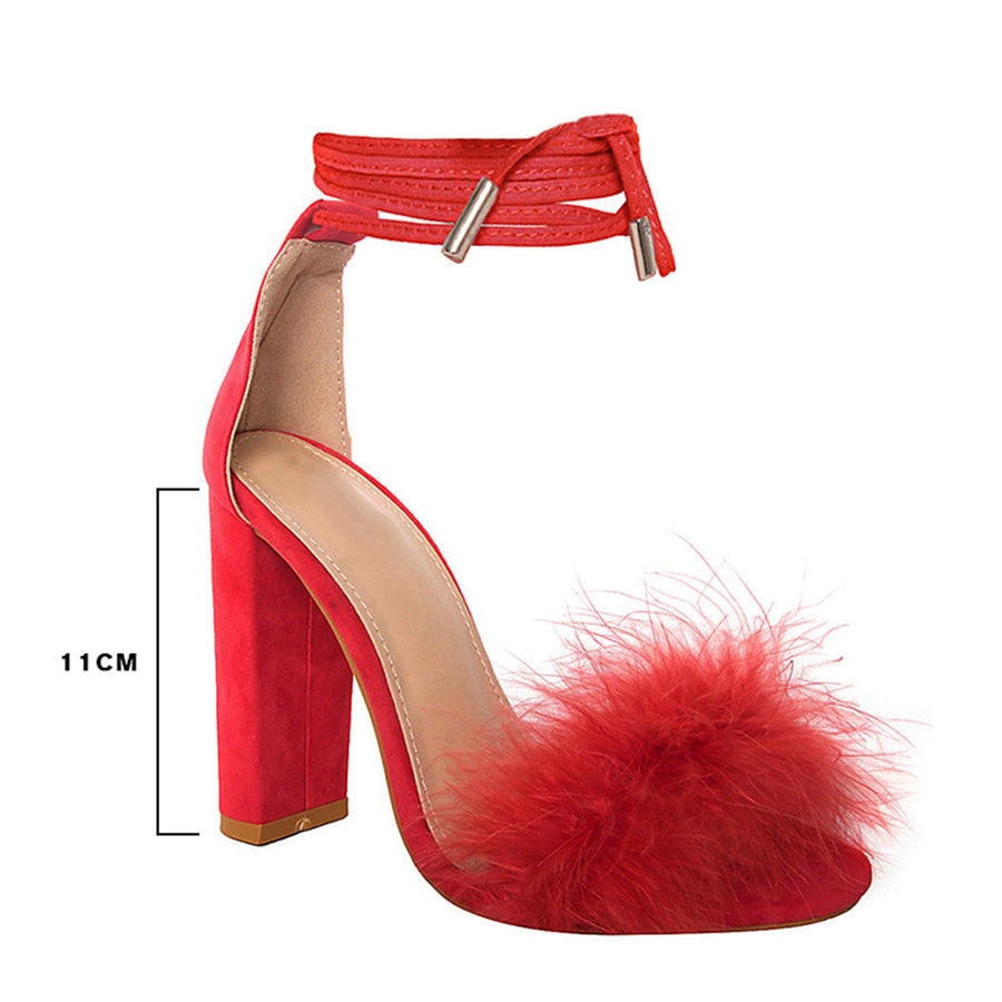 Fur Ball Fluffy Red Block Heels 