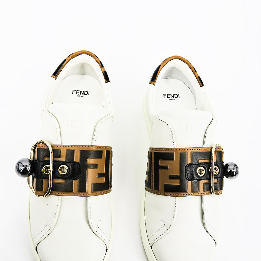 fendi pearland leather sneakers with ff strap