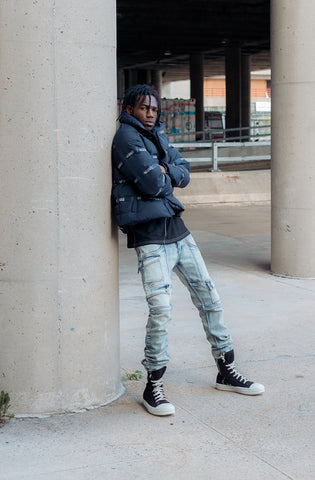 AKINGS blue bomber jacket, Kyle Blue cargo pants, and Cotton black Tee Shirt