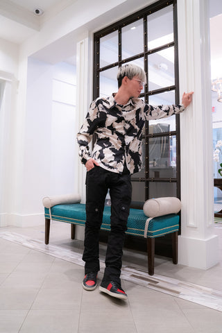 Vacation outfit, floral satin button-down long sleeves shirt and black cargo pants men