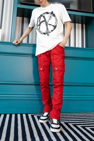 Graphic cotton shirt, red summer cargo pants, and Celine high top sneakers outfit for men