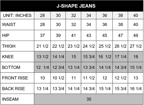 AKINGS J-shape jeans size chart