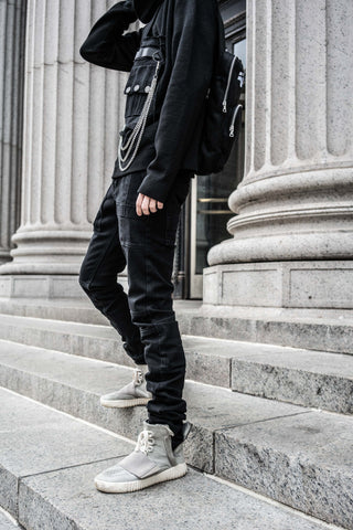 Black outfit for men - black denim jeans and black hoodie