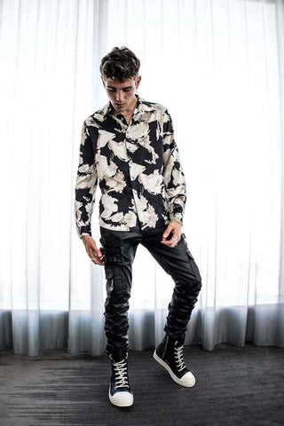Floral satin shirt and waxed denim jeans men
